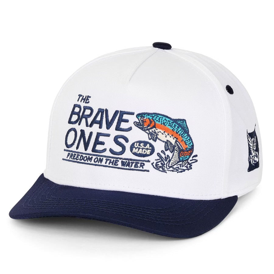 The Brave Ones fishing cap with 'Freedom on the Water' slogan and bold stitching
