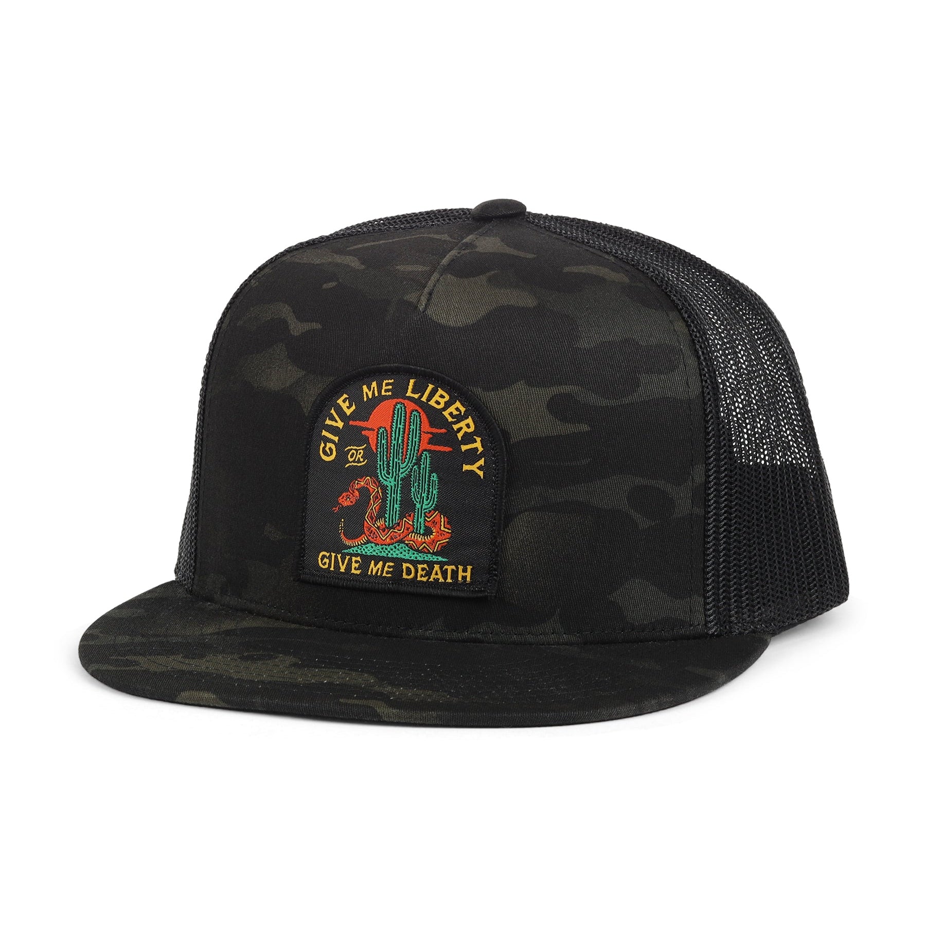 Adjustable snapback flat-bill hat with breathable mesh back