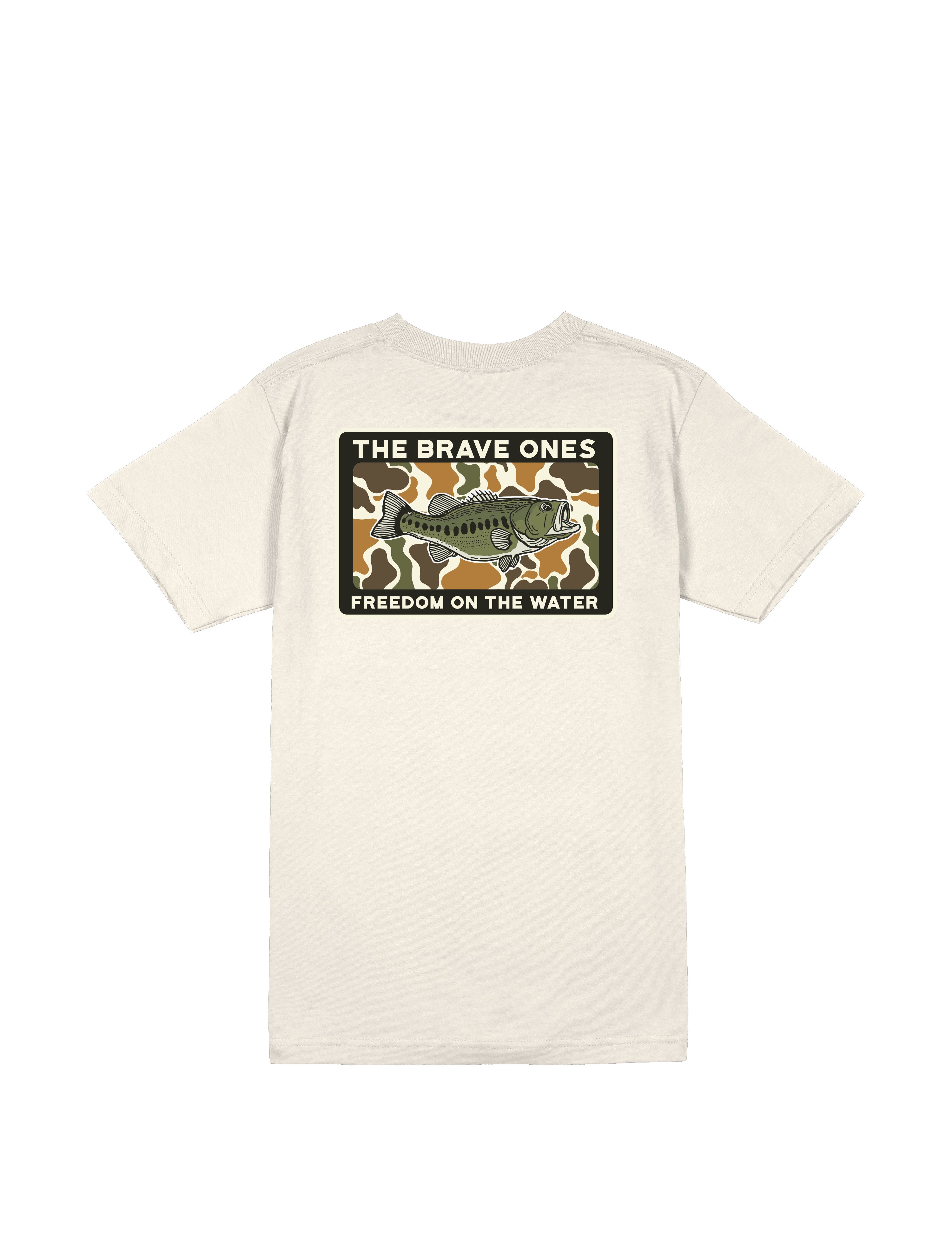 USA-made largemouth bass T-shirt featuring Freedom on the Water lettering