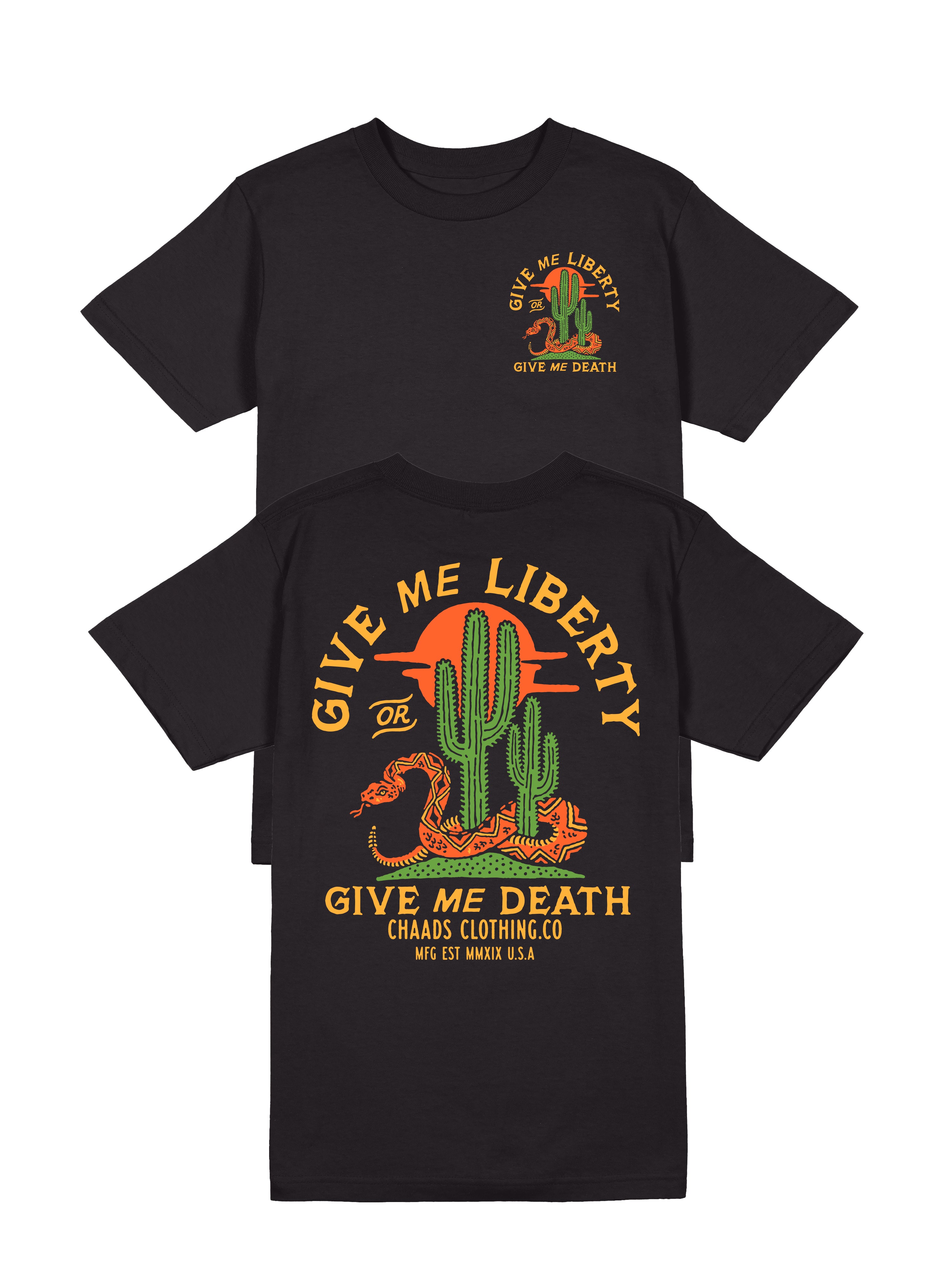 Close-up of the Liberty T-Shirt featuring bold rattlesnake and desert design