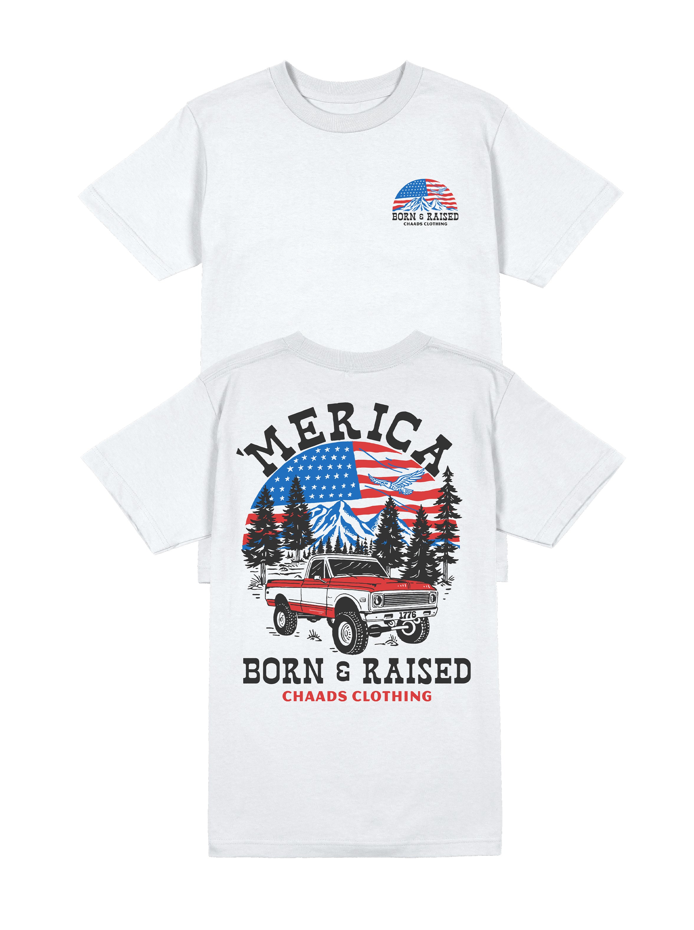 Born and Raised 'Merica T-shirt featuring a vintage truck and American flag design – Made in the USA